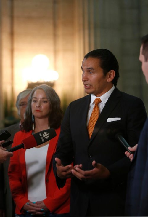WAYNE GLOWACKI / WINNIPEG FREE PRESS

Wab Kinew leader of the official opposition with  Nahanni Fontaine at left, announces the NDP caucus and critic positions in the rotunda Manitoba Legislative Building Thursday. Larry Kusch story  Sept. 21 2017
