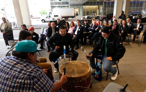 WAYNE GLOWACKI / WINNIPEG FREE PRESS

Members of the White Horse Drum Group perform the welcome song at the Downtown Winnipeg BIZ and End Homelessness Winnipeg event Thursday for the upcoming 6th annual CEO Sleepout to be held on October 26. This is a fundraiser that works towards ending homelessness in our community through helping those with lived experience find employment. This year, the CEO Sleepout will be be held under York Ave. Canopy of RBC Convention Centre, they are looking to reach its $1 million dollar after raising nearly $800,000 total throughout the last five events. Sept. 21 2017
