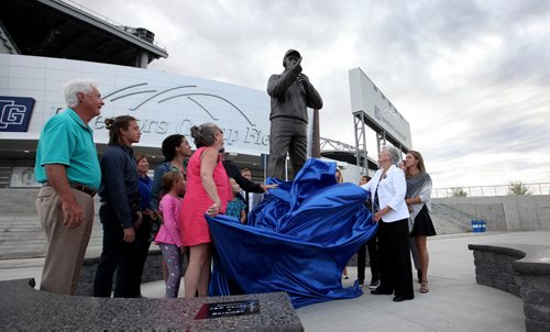 RUTH BONNEVILLE / WINNIPEG FREE PRESS

Photo of Cal Murphy's wife, Joyce Murphy (white jacket) and family unveiling his statue Thursday.  

 The Winnipeg Blue Bombers  honour one of the most influential figures in the history of the organization, the late Cal Murphy, with the unveiling of a bronze statue in his likeness at Investors Group Field, at Gate 3  north/east
corner outside the stadium Thursday.
His wife, Joyce Murphy  (white jacket), family, Blue Bomber alumni, Mayor Brian Bowman and many others attending the unveiling.  

SEPT 21, 2017
