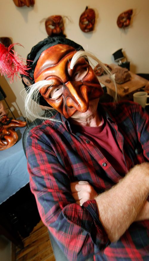 PHIL HOSSACK / WINNIPEG FREE PRESS  -  Chris Sigurdson peers out from behind one of his Commedia dell'arte masks. . See Wendy's story.  - Sept 23, 2017