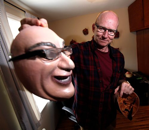 PHIL HOSSACK / WINNIPEG FREE PRESS  -  Chris Sigurdson holds one of his Commedia dell'arte masks modelled from memory of his deceased father's face. See Wendy's story.  - Sept 23, 2017