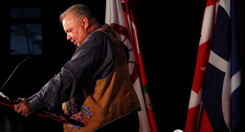 PHIL HOSSACK / WINNIPEG FREE PRESS  - David Chartrant, President of the Manitoba Metis Federation addresses the Manitoba Metis Federations annual General assembly Saturday. See story.   - Sept 23, 2017