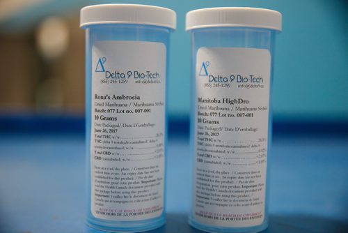 MIKE DEAL / WINNIPEG FREE PRESS
A couple of labeled containers which will hold 10 grams of dried medical marijuana at Delta 9 Bio-Tech in Winnipeg.
170921 - Thursday, September 21, 2017.