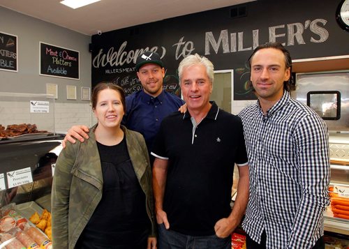BORIS MINKEVICH / WINNIPEG FREE PRESS
Miller's Super Valu Meats - 590 St Mary's Road - From left, Chelsey(daughter) and Andrew Sandberg, dad Cameron Miller, and son Shawn Miller pose in the generational family owned store.  Dave Sanderson story. Sept. 27, 2017