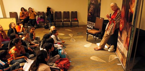 PHIL HOSSACK / WINNIPEG FREE PRESS  -  Dr Jane Goodall speaks while mom's video record at a workshop for school kids Thursday afternoon. See story. - Sept 28, 2017