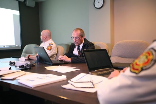 RUTH BONNEVILLE / WINNIPEG FREE PRESS
49.8 Interviews with top Winnipeg Fire Paramedic Service Chief and Deputy Chief at King street office for a 49.8 piece focusing on the use of fire and paramedic resources in Winnipeg and how well (or not) the integrated system is working.
Photo of Chief John Lane answering questions from reporter in boardroom.
See Larry Kusch story.
SEPT 29, 2017