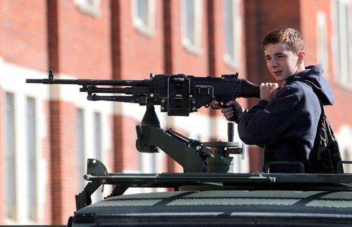 BORIS MINKEVICH / WINNIPEG FREE PRESS
Open house at Minto Armoury. 16 year old Ethan Aubry got to handle a machine gun on a military vehicle. He has been a cadet for 4 years with 407 Queen's Own Cameron Highlanders RCACC and hopes to make a career eventually in the military. Sept. 30, 2017