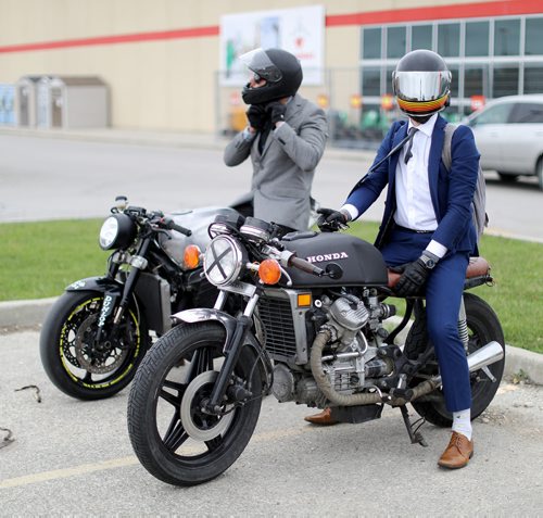 TREVOR HAGAN / WINNIPEG FREE PRESS
Evan Jackson and Jason Ward arrive at the Gentlemans Ride, a charity motorcycle ride raising money to fight prostate cancer, Sunday, October 1, 2017.