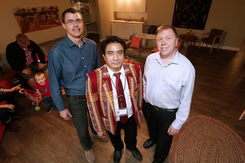 JOHN WOODS / WINNIPEG FREE PRESS
Pastors of Naomi House and City Church Tim Nielsen (R) and Indy Cungcin (C) are photographed with Director of Naomi House James Leschied (L) at the opening of Naomi House Sunday, October 1, 2017.