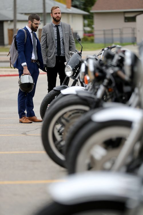 TREVOR HAGAN / WINNIPEG FREE PRESS
Jason Ward and Evan Jackson during the Gentlemans Ride, a charity motorcycle ride raising money to fight prostate cancer, Sunday, October 1, 2017.