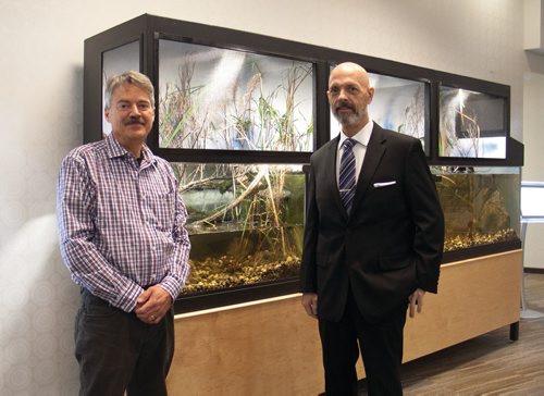 Canstar Community News Eugene Kenny (left) and Bruce Henderson stand before the new 325gallon aquarium ecosystem Concordia Village (1125 Molson St.).