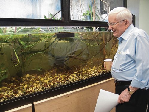 Canstar Community News Concordia Village resident Don King admires the new 325 gallon aquarium ecosystem, which was installed in August. (SHELDON BIRNIE/CANSTAR/THE HERALD)