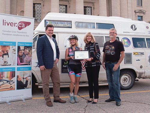 Canstar Community News (From left) Radisson MLA James Tiestsma, Paddy Quiring, River East MLA Cathy Cox, and Walter Jansen at the Leg. Cox presented Quiring with a certificate of recognition after Quiring completed her 6220 km "Rwalk" in support of the Canadian Liver Foundation and Adult & Teen Challenge. (SHELDON BIRNIE/CANSTAR/THE HERALD)
