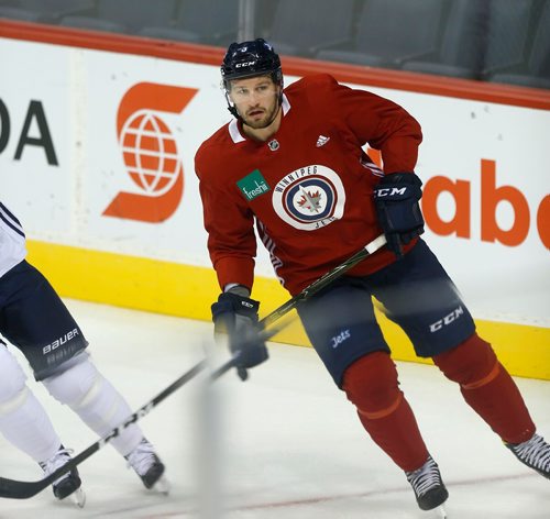 WAYNE GLOWACKI / WINNIPEG FREE PRESS
Defenseman Tucker Poolman #3 at Winnipeg Jets practice at the Bell MTS Place Tuesday. Jason Bell story¤ Oct.3 2017