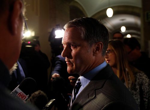 WAYNE GLOWACKI / WINNIPEG FREE PRESS
Finance Minister Cameron Friesen meets with reporters regarding the release of the KPMG Fiscal Performance Review report outside his office in the Manitoba Legislative Building Tuesday. Larry Kusch story Oct.3 2017