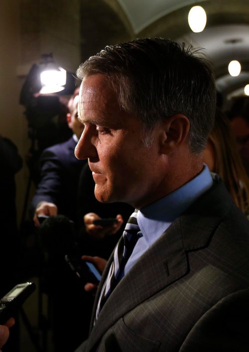 WAYNE GLOWACKI / WINNIPEG FREE PRESS
Finance Minister Cameron Friesen meets with reporters regarding the release of the KPMG Fiscal Performance Review report outside his office in the Manitoba Legislative Building Tuesday. Larry Kusch story Oct.3 2017