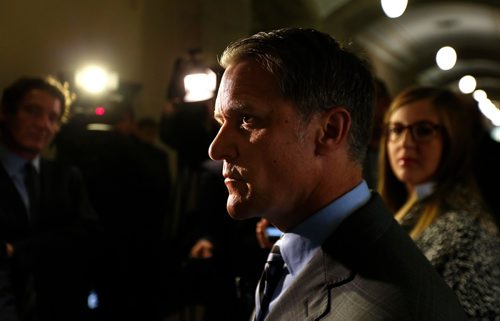 WAYNE GLOWACKI / WINNIPEG FREE PRESS
Finance Minister Cameron Friesen meets with reporters regarding the release of the KPMG Fiscal Performance Review report outside his office in the Manitoba Legislative Building Tuesday. Larry Kusch story Oct.3 2017