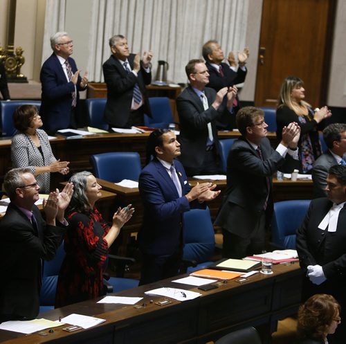 WAYNE GLOWACKI / WINNIPEG FREE PRESS

In centre, Wab Kinew on his first day as the NDP leader in the Manitoba Legislature Wednesday. They are applauding visitors in the public gallery Wednesday. Nick Martin story Oct.4 2017