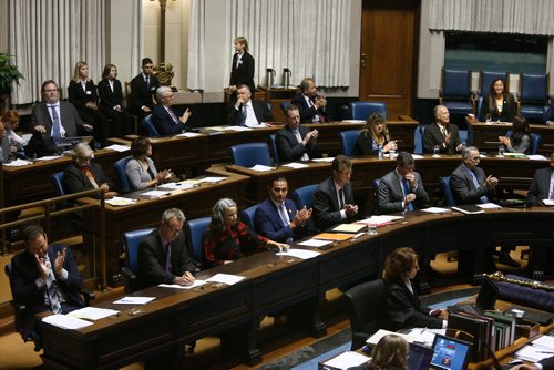 WAYNE GLOWACKI / WINNIPEG FREE PRESS

In the centre of the front row, Wab Kinew on his first day as the NDP leader in the Manitoba Legislature Wednesday. He is with NDP, Liberal and Independent MLAs.  Nick Martin story Oct.4 2017