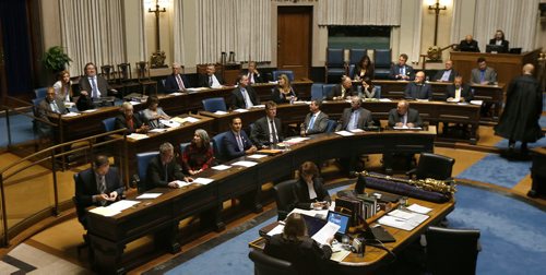 WAYNE GLOWACKI / WINNIPEG FREE PRESS

In centre in the front row, Wab Kinew on his first day as the NDP leader in the Manitoba Legislature Wednesday. He is with NDP, Liberal and Independent MLAs.  Nick Martin story Oct.4 2017