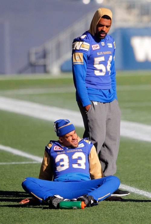 BORIS MINKEVICH / WINNIPEG FREE PRESS
Winnipeg Blue Bombers football walk through practice at IGF. Runningback #33 Andrew Harris and #54 Tristan Okpalaugo. OCT. 5, 2017