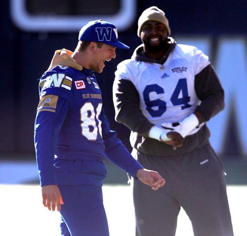 BORIS MINKEVICH / WINNIPEG FREE PRESS
Winnipeg Blue Bombers football walk through practice at IGF. #80 Drew Wolitarsky and #64 Qadr Spooner. OCT. 5, 2017