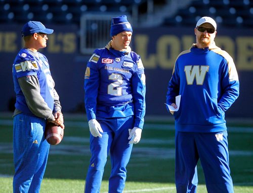 BORIS MINKEVICH / WINNIPEG FREE PRESS
Winnipeg Blue Bombers football walk through practice at IGF. #9 Justin Medlock, #2 Matt Coates and head coach Mike O'Shea. OCT. 5, 2017