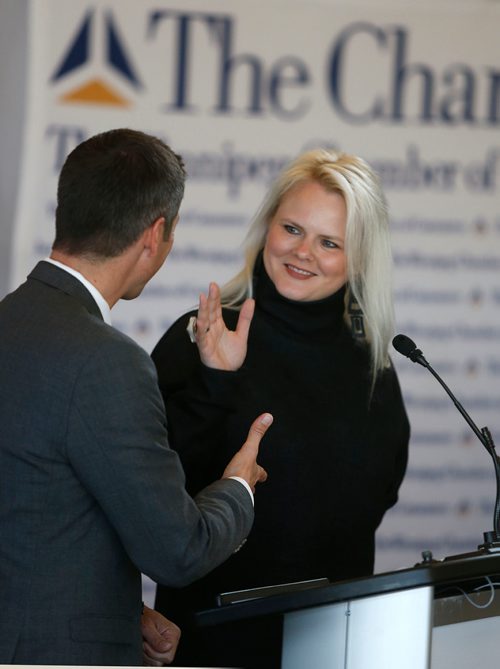 WAYNE GLOWACKI / WINNIPEG FREE PRESS

Johanna Hurme, co-founder of 5468796 Architecture, was sworn in as the new Chair of the Winnipeg Chamber of Commerce by Mayor Brian Bowman at the chambers annual general meeting Thursday. Murray McNeill story Oct.5 2017