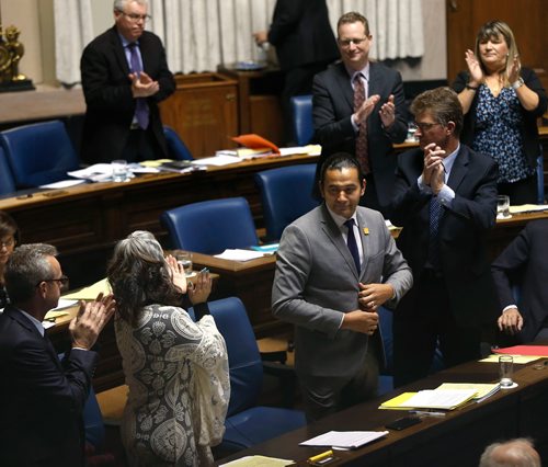 WAYNE GLOWACKI / WINNIPEG FREE PRESS

 Wab Kinew rises in Question Period for the first time as the NDP leader in the Manitoba Legislature Thursday.   Nick Martin story Oct.5 2017