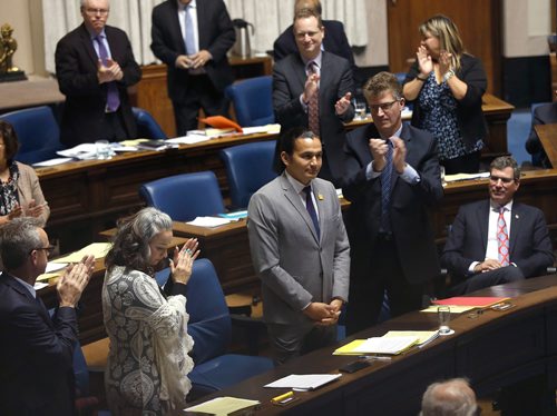 WAYNE GLOWACKI / WINNIPEG FREE PRESS

 Wab Kinew rises in Question Period for the first time as the NDP leader in the Manitoba Legislature Thursday.   Nick Martin story Oct.5 2017