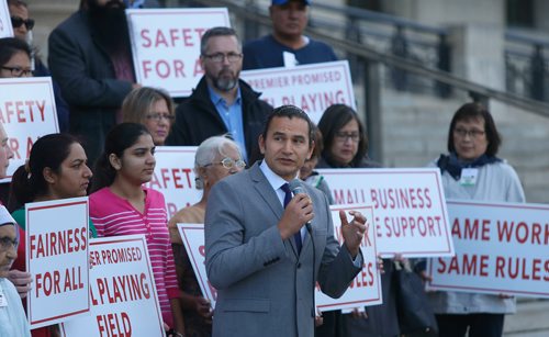 WAYNE GLOWACKI / WINNIPEG FREE PRESS

 Wab Kinew, Manitoba NDP leader with cabbies and supporters rallying in front of the Legislative building to oppose Uber Bill Thursday. Nick Martin story Oct.5