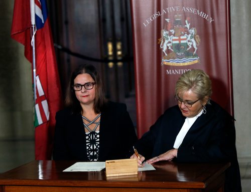 WAYNE GLOWACKI / WINNIPEG FREE PRESS

At left, Justice Minister Heather Stefanson and Speaker of the Legislative Assembly Myrna Driedger at the signing of the agreement on changes in The Legislative Security Act. The event was held in the Manitoba Legislative building Thursday.   Nick Martin Larry Kusch story Oct.5 2017