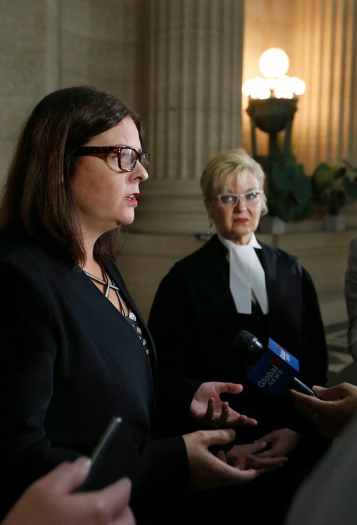 WAYNE GLOWACKI / WINNIPEG FREE PRESS

At left, Justice Minister Heather Stefanson and Speaker of the Legislative Assembly Myrna Driedger after signing the agreement on changes in The Legislative Security Act. The event was held in the Manitoba Legislative building Thursday.   Nick Martin Larry Kusch story Oct.5 2017