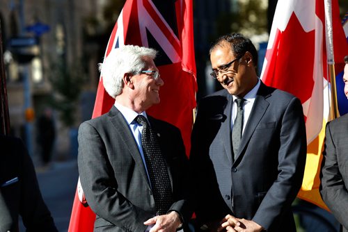 WAYNE GLOWACKI / WINNIPEG FREE PRESS

At right, Amarjeet Sohi, Minister of Infrastructure and Communities and Jim Carr, MP for Winnipeg South Centre at a infrastructure announcement Tuesday in Old Market Square. Larry Kusch story  Oct.10 2017