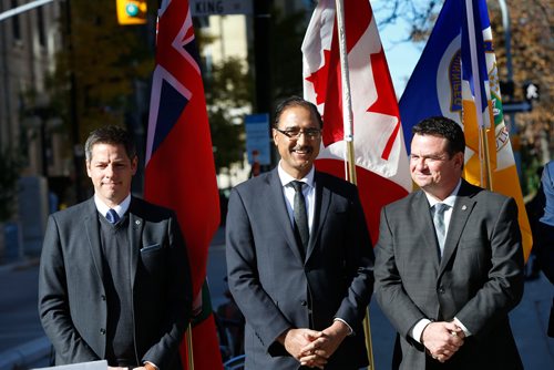 WAYNE GLOWACKI / WINNIPEG FREE PRESS

In centre Amarjeet Sohi, Minister of Infrastructure and Communities with Mayor Brian Bowman,left, and Jeff Wharton, Minister of Municipal Relations at a infrastructure announcement Tuesday in Old Market Square. Larry Kusch story  Oct.10 2017