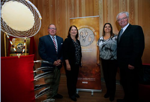 WAYNE GLOWACKI / WINNIPEG FREE PRESS

From right, Rick Frost, CEO, The Winnipeg Foundation, Tammy Christensen, Chairperson,  Indigenous Services Minister Jane Philpott and Families Minister Scott Fielding at the Family group conferencing announcement in the Ma Mawi Wi Chi Itata Centre Tuesday. AlexPaul  story  Oct.10 2017