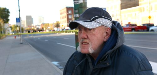 WAYNE GLOWACKI / WINNIPEG FREE PRESS.  

 Donnie Fizell was a witness to the collision where a  23-year-old man was struck by a vehicle at about 8 p.m. Tuesday. The victim  was walking in the area of Main Street and Sutherland Avenue near the Sutherland Hotel. The driver fled the scene and the victim was taken to hospital and pronounced dead. Bill Redekop / Randy Turner stories Oct.11 2017