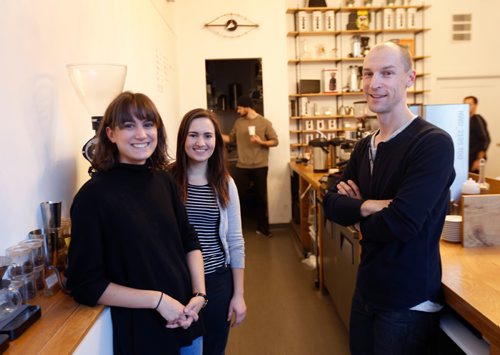WAYNE GLOWACKI / WINNIPEG FREE PRESS.  

49.8 From right, Nils Vik, owner of Parlour Coffee with baristas Tanisha Wall and Maren Tait with Colton Rempel in back. All the employees get health and dental benefits, as well as raises and gifts for years of service. Vik makes a point of saying he works with people, they don't work for him. Jessica Botelho-Urbanski story Oct.12 2017