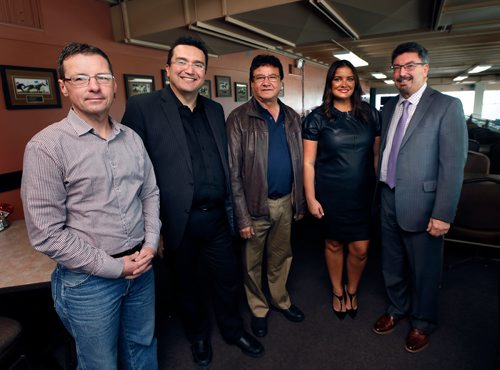WAYNE GLOWACKI / WINNIPEG FREE PRESS

From left, Robert Zacharias of 7 Acre Wood Animal Boarding Kennel, Terry Brown, Chair, Aboriginal Chamber of Commerce,Mb., Oliver Owen of Amik Aviation, Angie Zachary of The Be-YOU-Tee Factory and Ian Cramer, CEO First Peoples Economic Growth Fund were in attendance at the Aboriginal Chamber of Commerce luncheon held at the Assiniboia Downs Thursday. Martin Cash story Oct.12 2017