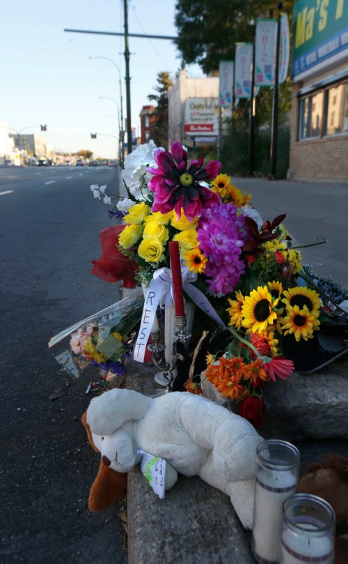 WAYNE GLOWACKI / WINNIPEG FREE PRESS

Memorial on Main Street Friday morning near Sutherland Ave. for Cody Severight, 23. He was killed at about 8 p.m. Tuesday while crossing Main Street in front of the Sutherland Hotel.  Oct.13 2017