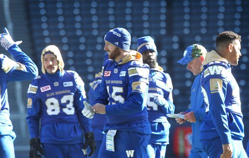 RUTH BONNEVILLE / WINNIPEG FREE PRESS

Winnipeg Blue Bombers at a walk-thru practice at Investors Group Field Friday prepping for their game against BC Lions Saturday afternoon.  
BB #15 QB Matt Nichols during practice with his team Friday.  

Oct 13,, 2017