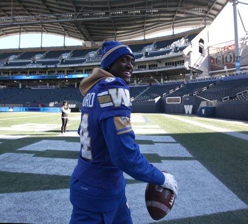 RUTH BONNEVILLE / WINNIPEG FREE PRESS

Winnipeg Blue Bombers at a walk-thru practice at Investors Group Field Friday prepping for their game against BC Lions Saturday afternoon.  
BB #84 Ryan Lankford is all smiles as he heads into the dressing room after practice Friday.  

Oct 13,, 2017