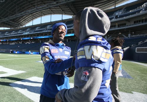 RUTH BONNEVILLE / WINNIPEG FREE PRESS

Winnipeg Blue Bombers at a walk-thru practice at Investors Group Field Friday prepping for their game against BC Lions Saturday afternoon.  
BB #23 TJ  Heath, goofs around with #31 Maurice  Leggett, after 
practice Friday.  

Oct 13,, 2017