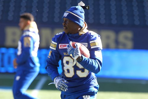 RUTH BONNEVILLE / WINNIPEG FREE PRESS

Winnipeg Blue Bombers #89 Clarence Denmark wears his toque and gloves  at a walk-thru practice at Investors Group Field Friday prepping for their game against BC Lions Saturday afternoon.  


Oct 13,, 2017