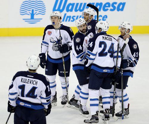 TREVOR HAGAN / WINNIPEG FREE PRESS
Manitoba Moose, Jake Kulevich (14), Mason Appleton (27), Julian Melchiori (44), Brody Sutter (18), Cam Maclise (24), and Kyle Conner (41), celebrate after Melchiori scored against the Cleveland Monsters, Friday, October 13, 2017.