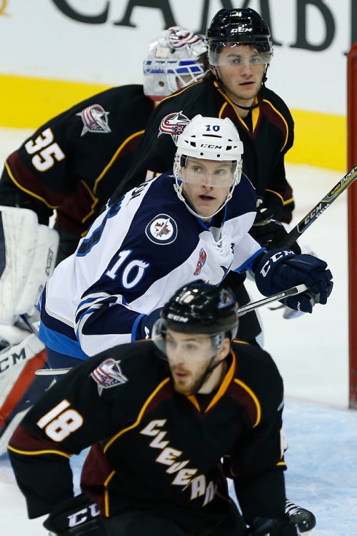 JOHN WOODS / WINNIPEG FREE PRESS
Manitoba Moose Buddy Robinson (10) looks for the puck against the Cleveland Monsters during second period AHL action in Winnipeg on Sunday, October 15, 2017.