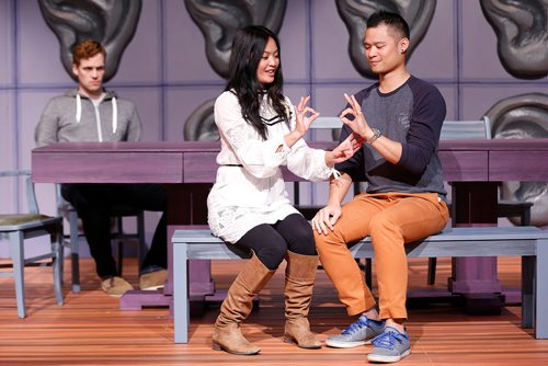 JOHN WOODS / WINNIPEG FREE PRESS
Stephanie Sy assists Jordan Sangalang with his sign language as Ryan James Miller looks on at the rehearsal of Winnipeg Jewish Theatre's production of Tribes Monday, October 16, 2017.