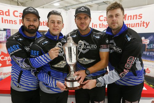 JOHN WOODS / WINNIPEG FREE PRESS
Reid Carruthers (L) and his team; Colin Hodgson, Derek Samagalski and Braeden Moskowy defeated Glenn Howard in the 2017 Canad Inns Men's Classic final in Portage La Prairie Monday, October 16, 2017.
