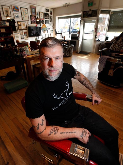 PHIL HOSSACK / WINNIPEG FREE PRESS  - Jeremy Regan poses in his Broadway ave Barbershop Tuesday. Jeremy and his shop are celebrating 5 years with a fundraising celbration. The shop has raised over $75,000 already by donating $1/cut to charity. See Martin Cash story. - October 17, 2017