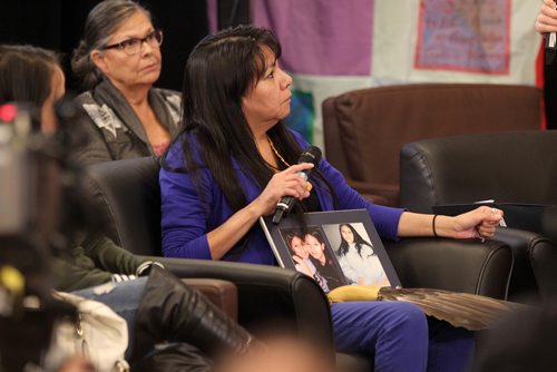 RUTH BONNEVILLE / WINNIPEG FREE PRESS

Barb Houle, mother of Cherisse Houle who was was found dead in Sturgeon Creek in 2009, is comforted by friends and family members as she talks about her daughter during the  MMIW inquiry at the Radisson  Hotel Tuesday.  
Oct 14,, 2017